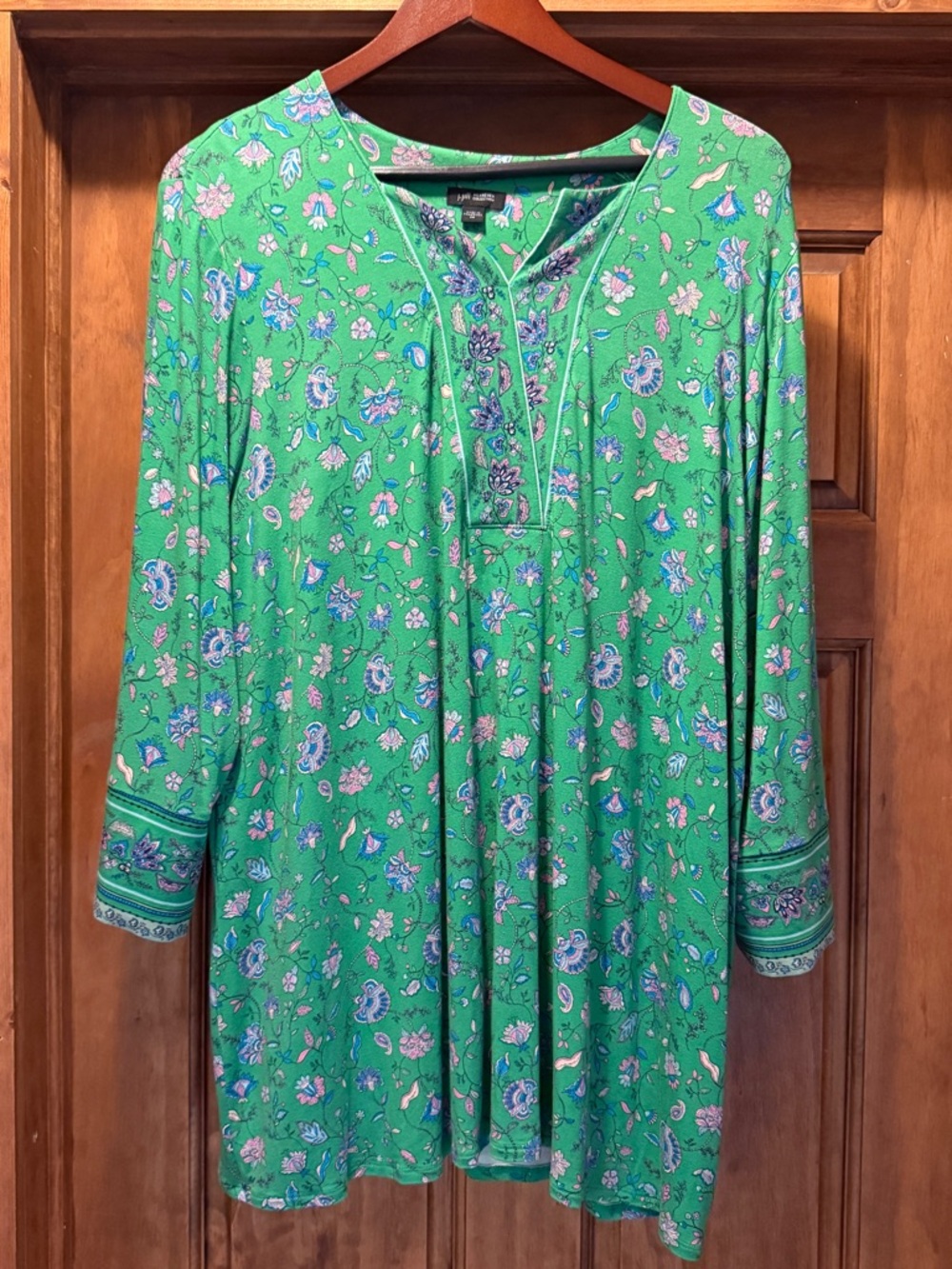 J. Jill Green Floral Tunic Top with Blue & Pink Accents